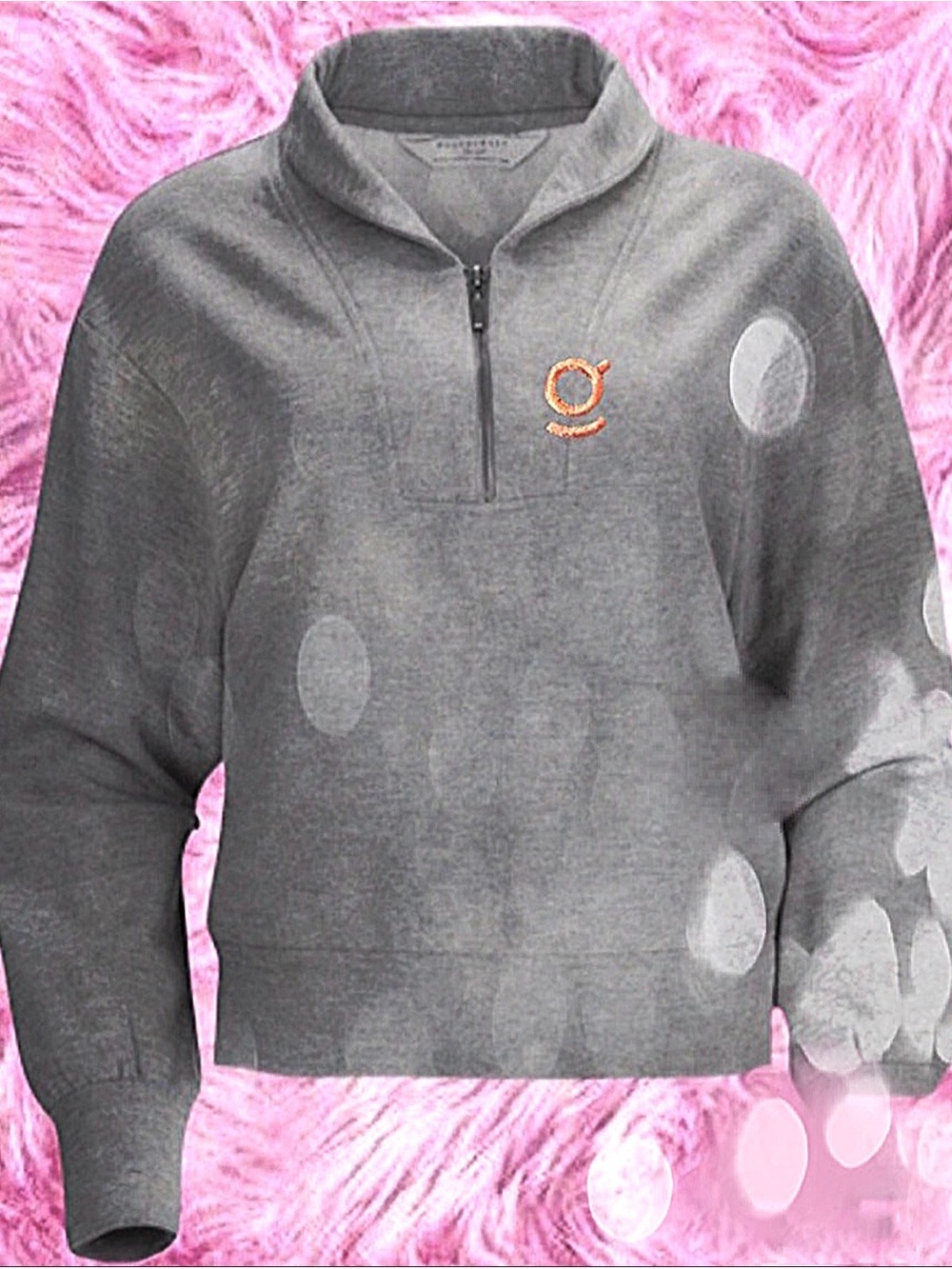 Gray Quarter-Zip Henley. sweatshirt with pink embroiderred g -“girl power.”